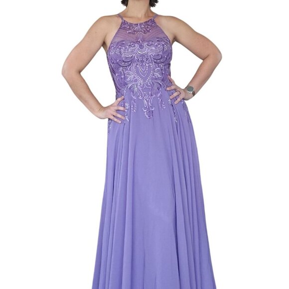 NWT JJ's House Tahiti Purple Lace Chiffon High Neck Prom Gown Dress Size 10 - Picture 3 of 11